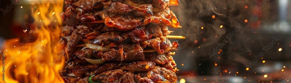 Doner kebab on a vertical rotisserie, thinly sliced meat, busy Turkish market scene Doner kebab on a vertical rotisserie, thinly sliced meat, busy Turkish market scene
