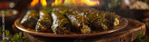 Dolma, grape leaves stuffed with rice and herbs, Middle Eastern family feast