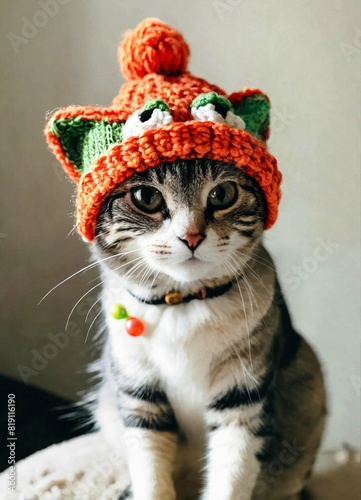 A cute cat dressed up wearing a knit Yoshi hat, Illustration AI Generative.