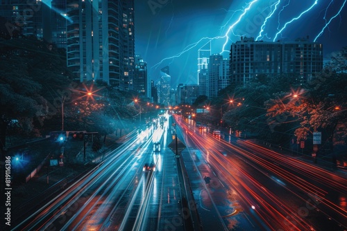  Highway in the city at night with lightning and car light trails