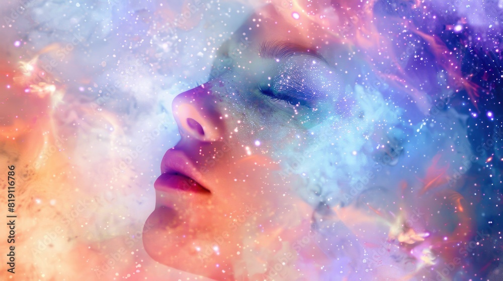 Hippie woman in ecstasy, cosmic ethereal trance - Conceptual illustration, mystical emotion, intense feeling, psychedelic trip