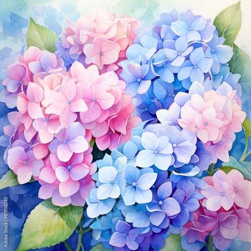 A beautiful watercolor painting of pink and blue hydrangeas