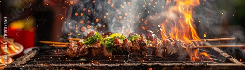 Grilled pork neck  marinated and charred  served with sticky rice and som tam  street food stall with vibrant city life