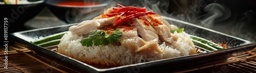 Hainanese chicken rice, poached chicken with fragrant rice, popular Singapore hawker center