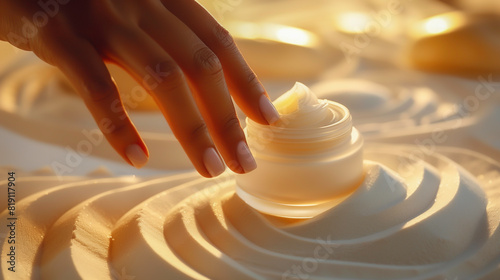A woman's hand is pointing at cream product laying on sand with sunset light, skincare, spa and natural beauty. photo