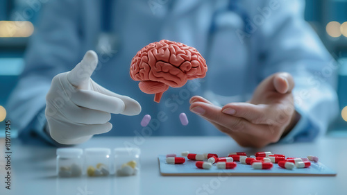 Doctor with 3D of a human brain and medicine, concept of medicine and brain care.	