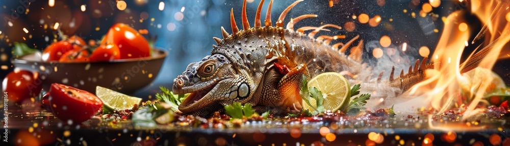Iguana stew, traditional Caribbean dish, vibrant street party in the Bahamas Iguana stew, traditional Caribbean dish, vibrant street party in the Bahamas