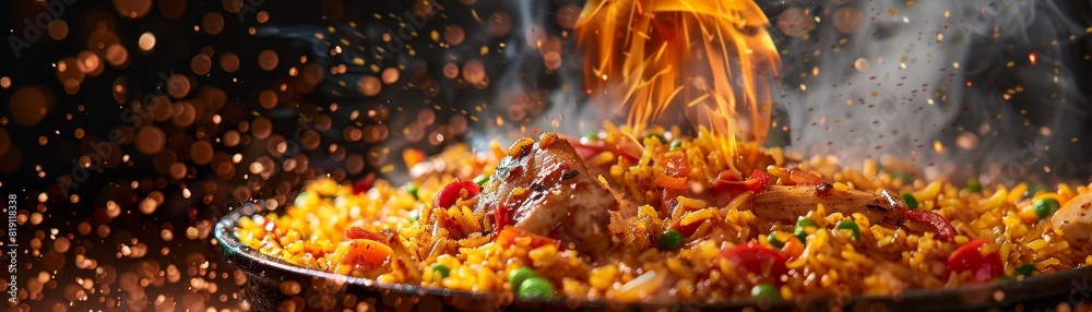 Jollof rice, spicy and colorful with chicken and vegetables, festive West African celebration Jollof rice, spicy and colorful with chicken and vegetables, festive West African celebration
