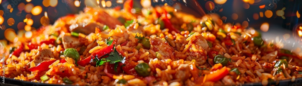 Jollof rice, spicy and colorful with chicken and vegetables, festive West African celebration Jollof rice, spicy and colorful with chicken and vegetables, festive West African celebration