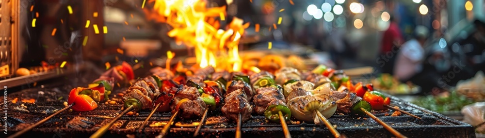 Kebab, grilled meat with vegetables on a skewer, vibrant Istanbul street at night