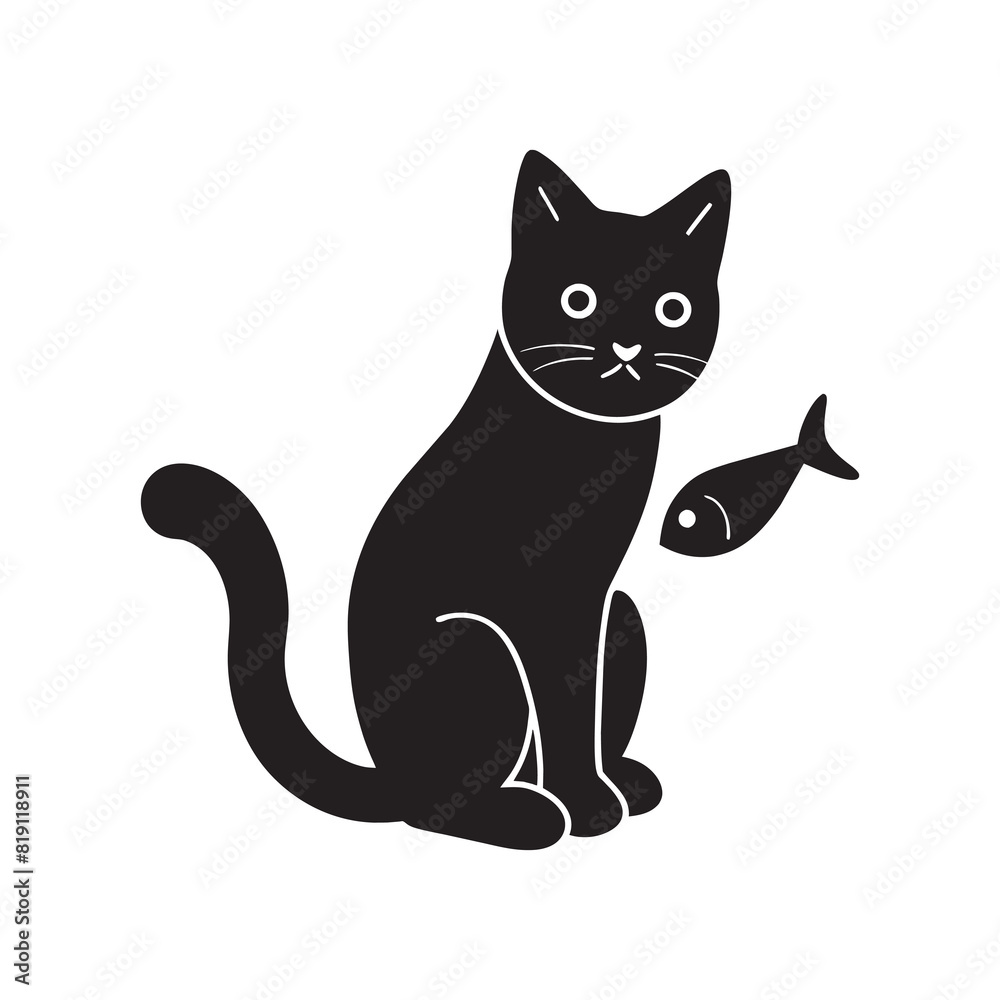 black cat with  eat fish vector illustration in flat style