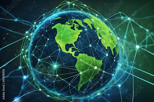Global network connectivity depicted as a stylized data map. Technology data background