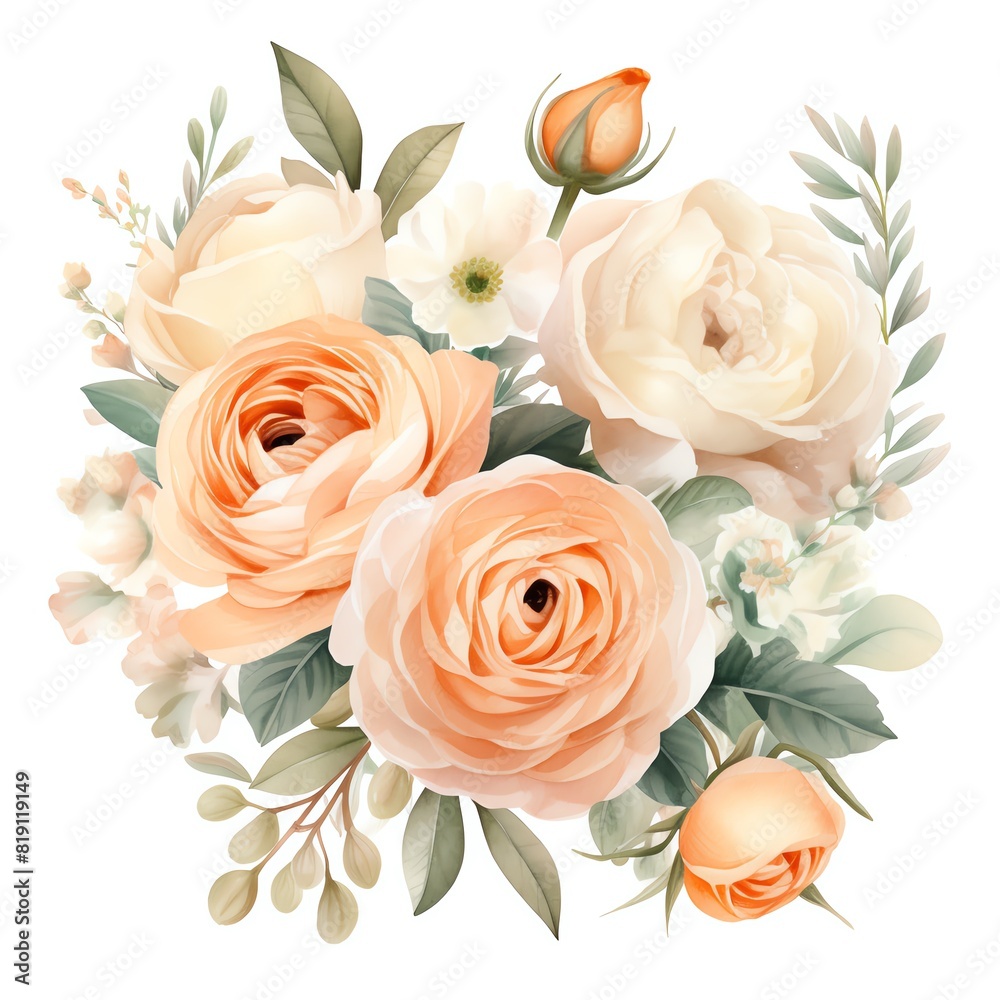 An elegant and detailed watercolor painting of a bouquet of peach and cream colored roses with green leaves. An elegant and detailed watercolor painting of a bouquet of peach and cream colored roses with green leaves.
