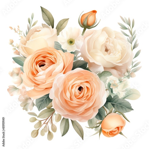 An elegant and detailed watercolor painting of a bouquet of peach and cream colored roses with green leaves. © vilaiporn