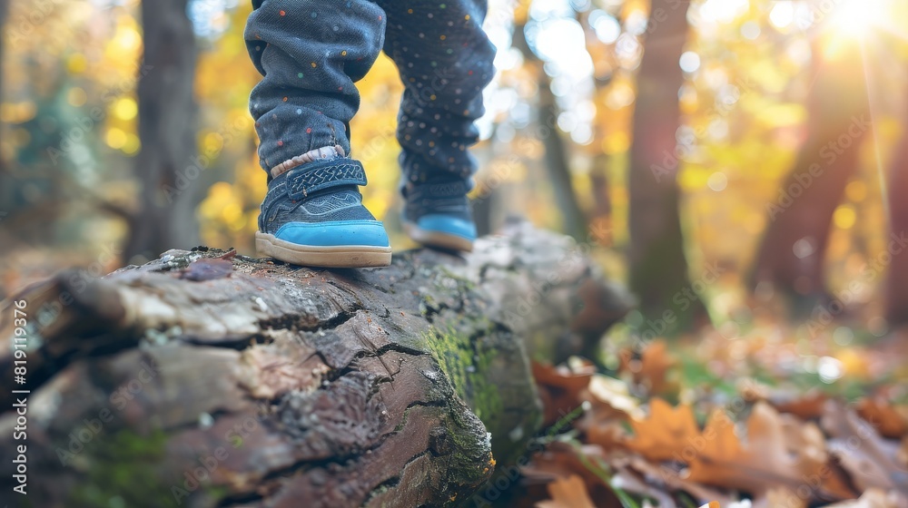 a child in sneakers walks on a fallen tree in lifestyle park. happy family day. generative ai a child in sneakers walks on a fallen tree in lifestyle park. happy family day. generative ai