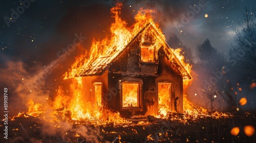 House or fire and Burning down, Home insurance concept.