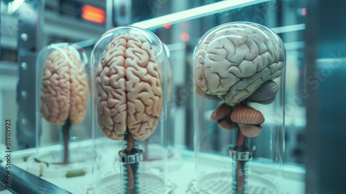 Human brain in a test tube under alien observation. Aliens are dissecting the human brain. photo