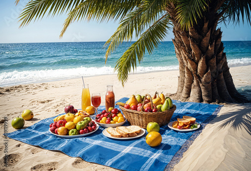 a picnic setting with fruit and drinks on the beach © David Angkawijaya