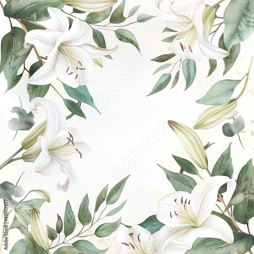 An elegant wedding frame with white lilies and eucalyptus leaves, watercolor style, blank center for copy space. -ar 3:2 © vilaiporn