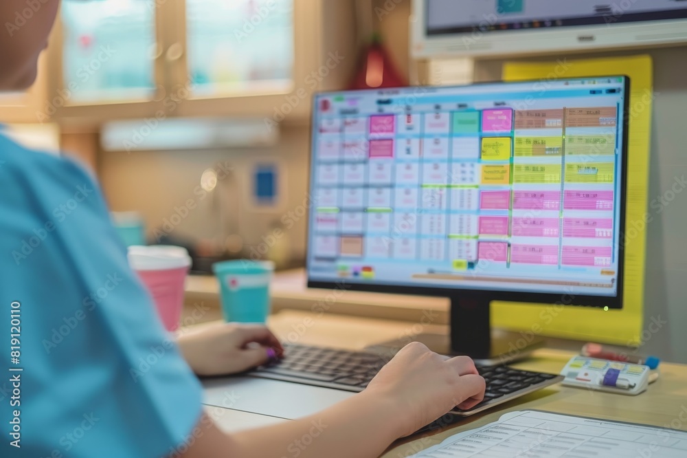 A person working at a desk, using a computer with a colorful organizer on the screen. Office setting with a coffee cup. A person working at a desk, using a computer with a colorful organizer on the screen. Office setting with a coffee cup.