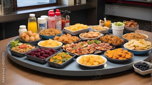 Complete serving station with trays containing a variety of dishes.