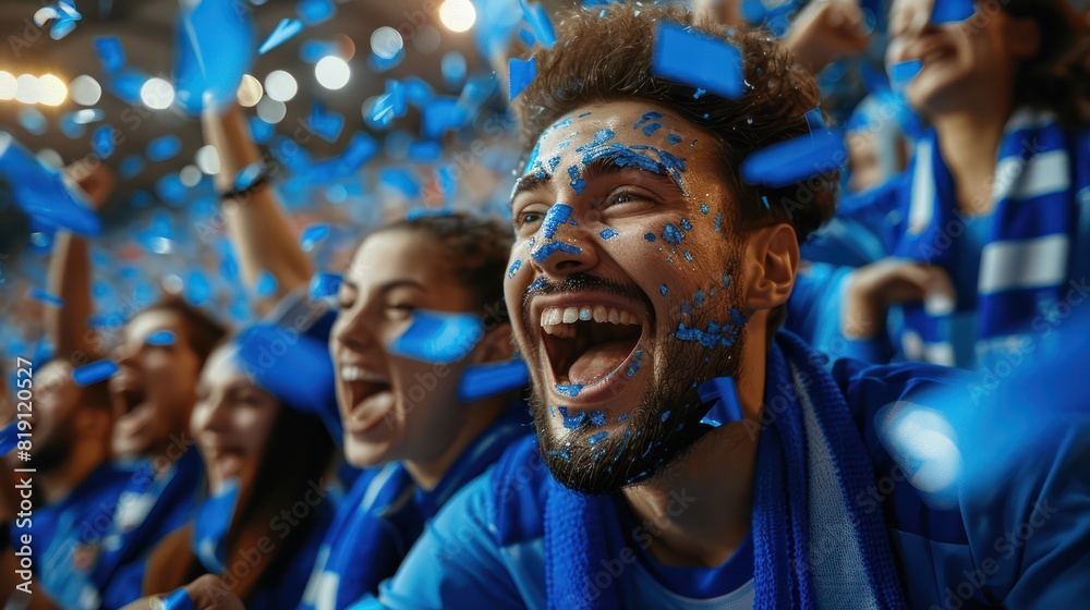Blue sports fans scream as they support their team from the field.