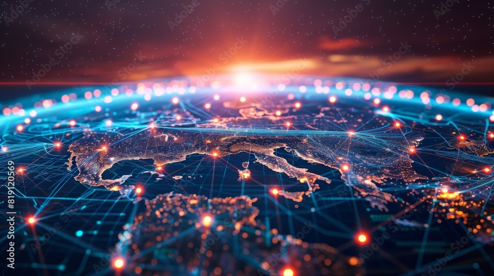 Illuminated Global Data Network - High-Tech Earth Globe with Luminous Pathways Connecting Cities Illuminated Global Data Network - High-Tech Earth Globe with Luminous Pathways Connecting Cities