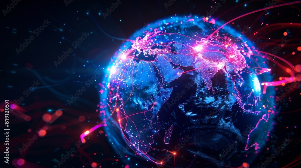Glowing Earth Globe with Neon City Connections - Global Communication Network Concept Glowing Earth Globe with Neon City Connections - Global Communication Network Concept