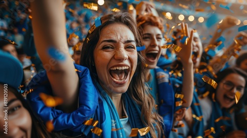 Blue sports fans scream as they support their team from the field.