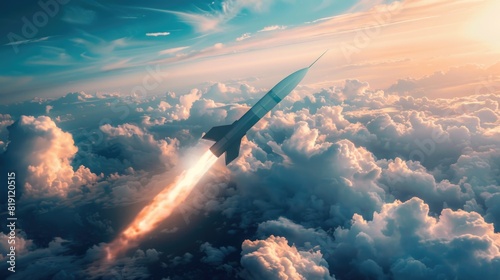 Hypersonic missile. A combat rocket is flying above the clouds. Missile attack, air attack, war, missile strike photo