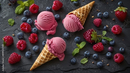 Ice cream cones with scoops of pink ice cream, surrounded by various berries and mint leaves on a dark surface