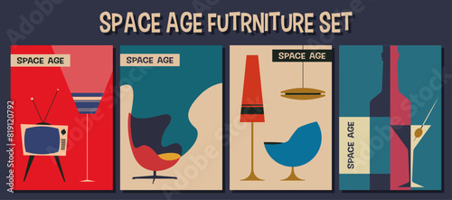Space Age Style Furniture, Armchair, TV, Floor Lamp, Ceiling Lamp, Bottle and Glass. Mid Century Modern Colors, 1950s - 1960s Style and Design