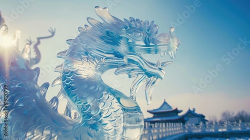  Ice festival background in Harbin, China with dragon ice sculpture photo