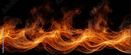 Fire flames on black background, as a horizontal line in the bottom of the image

