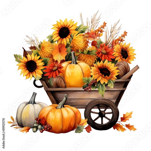 Cute watercolor fall autumn carriage with pupmkin and sunflowers, illustration photo