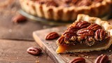 Close-up of pecan pie slice with whole pecans