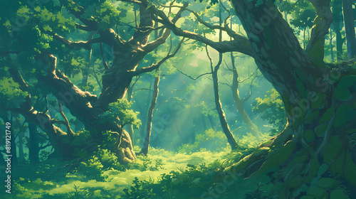 magical lush green forest with foliage