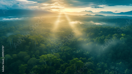 A mesmerizing sunrise illuminates a vast green forest  with sunbeams cutting through the morning mist and distant mountain silhouettes.