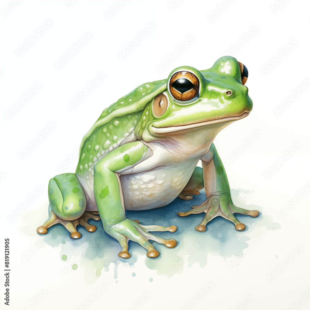 Obraz premium Bright green frog illustration on white background showcasing its vibrant colors and detailed features with a charming expression.