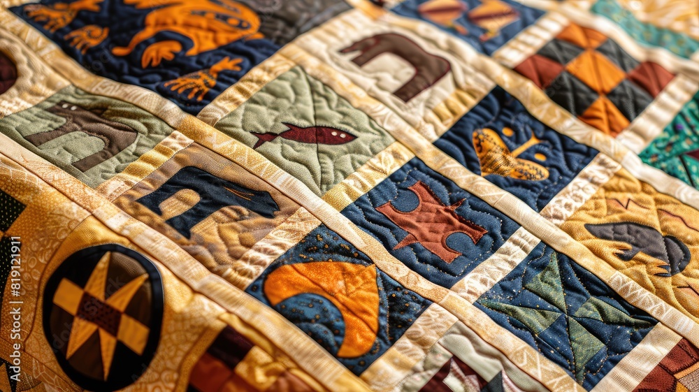 Fototapeta premium Colorful handmade quilt with animal and geometric patterns, showcasing intricate stitching on various fabrics