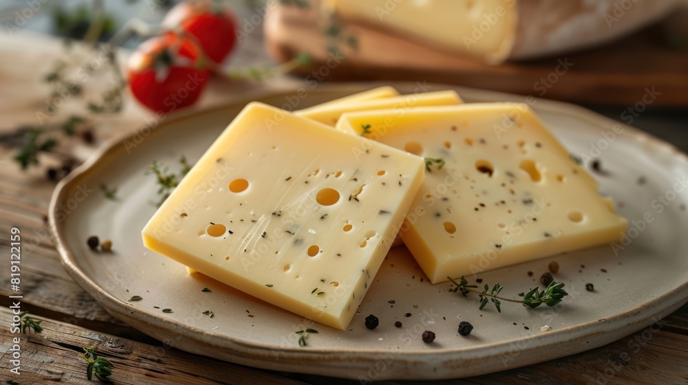 Several slices of cheese on a ceramic tray Several slices of cheese on a ceramic tray