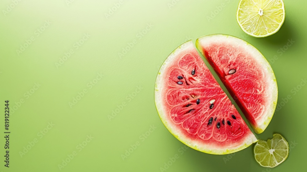 Freshly cut watermelon and limes on green background Freshly cut watermelon and limes on green background