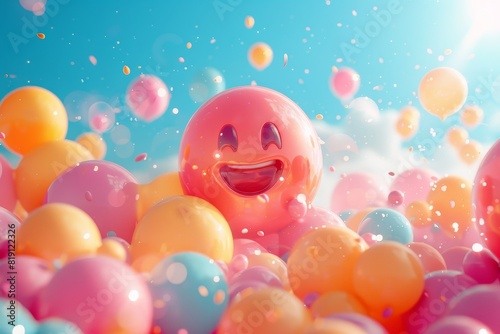 A cheerful smiley face balloon among colorful floating balloons and confetti in a bright, sunny sky.