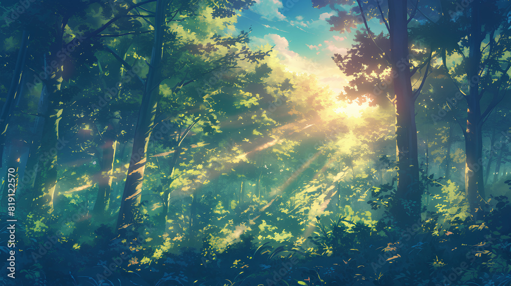 Fototapeta premium magical lush green forest with foliage