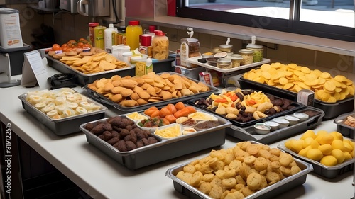 Complete serving station with trays containing a variety of dishes.