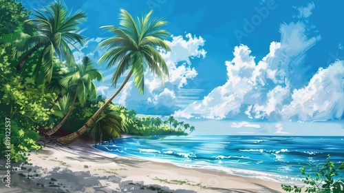 Illustration of a beach in the tropics with palm trees