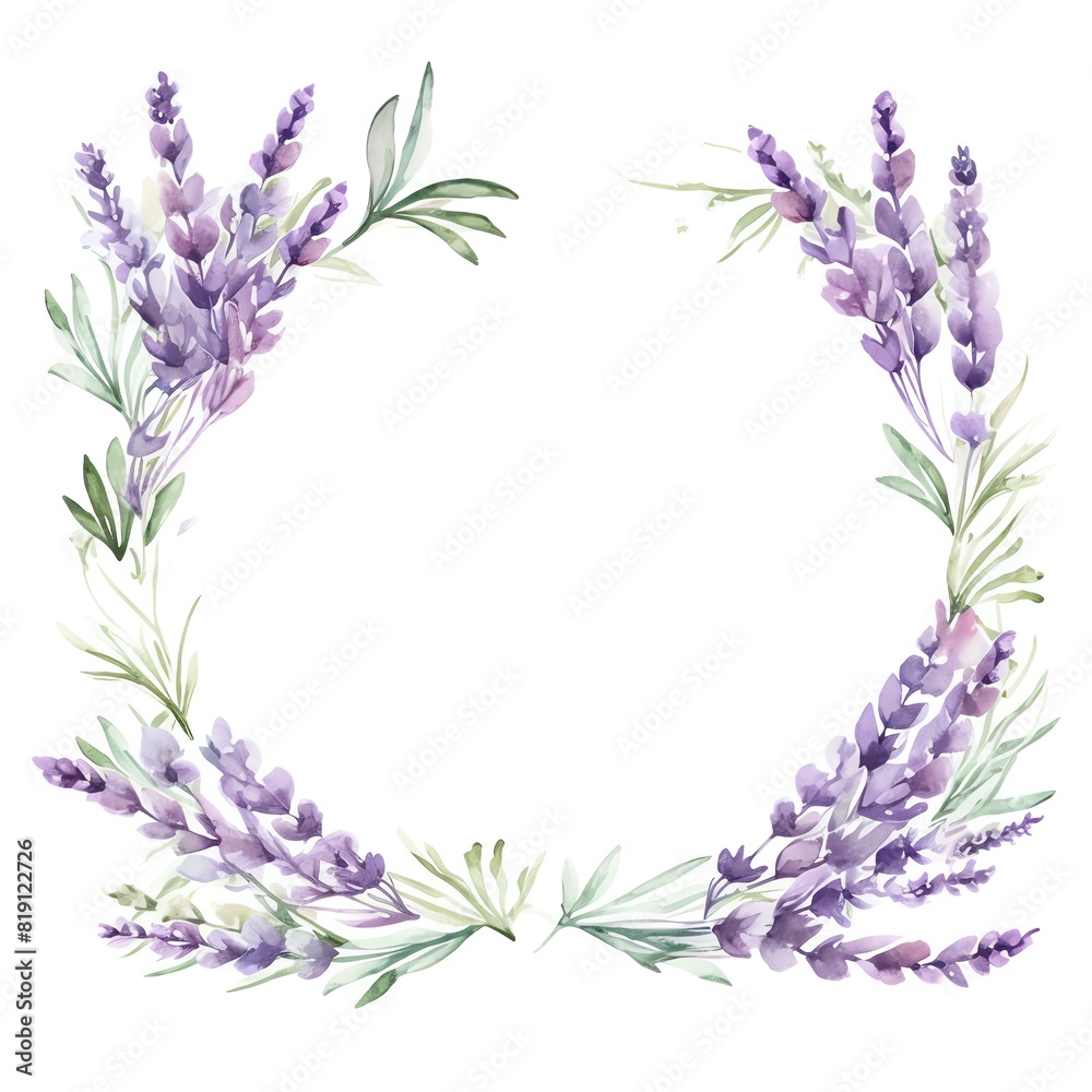 Obraz premium Watercolor wedding frame adorned with lavender sprigs and greenery, blank copy space in the center. -ar 3:2