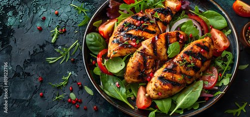 Lunch menu Grilled chicken broast with fillet and fresh vegetable salad Healthy food High quality photo