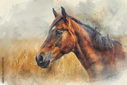 portrait of a brown horse, in style of an aquarelle