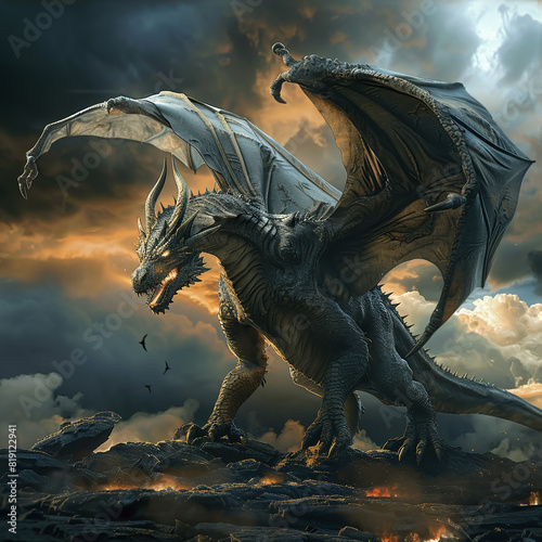 Fierce dragon  scales glinting  guarding treasure trove  stormy skies  majestic creature  photorealistic  spotlight  HDR